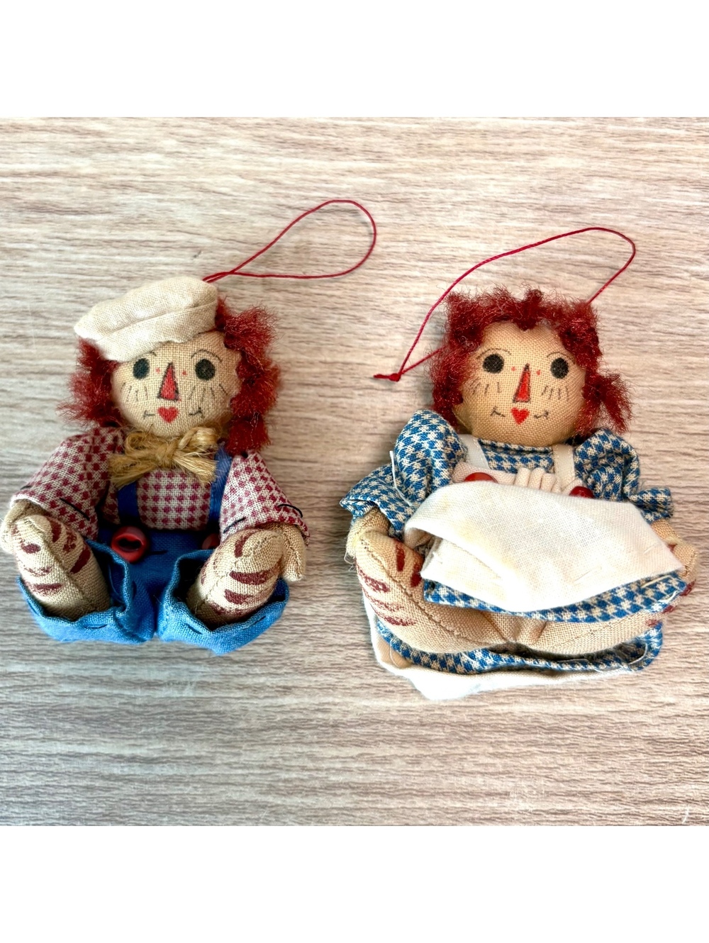 Raggedy Ann & Andy Christmas Ornaments Pair Rag Doll Outfits Vintage Holiday